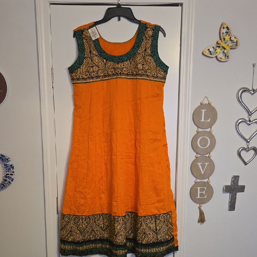 Sleeveless Orange Maxi Dress with Green & Gold Embroidery